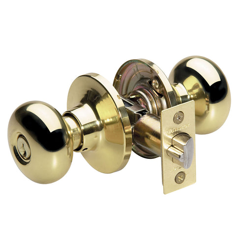 Master Lock Residential Grade 3 Door Hardware Biscuit Style Knob Entry Door Lock; Polished Brass